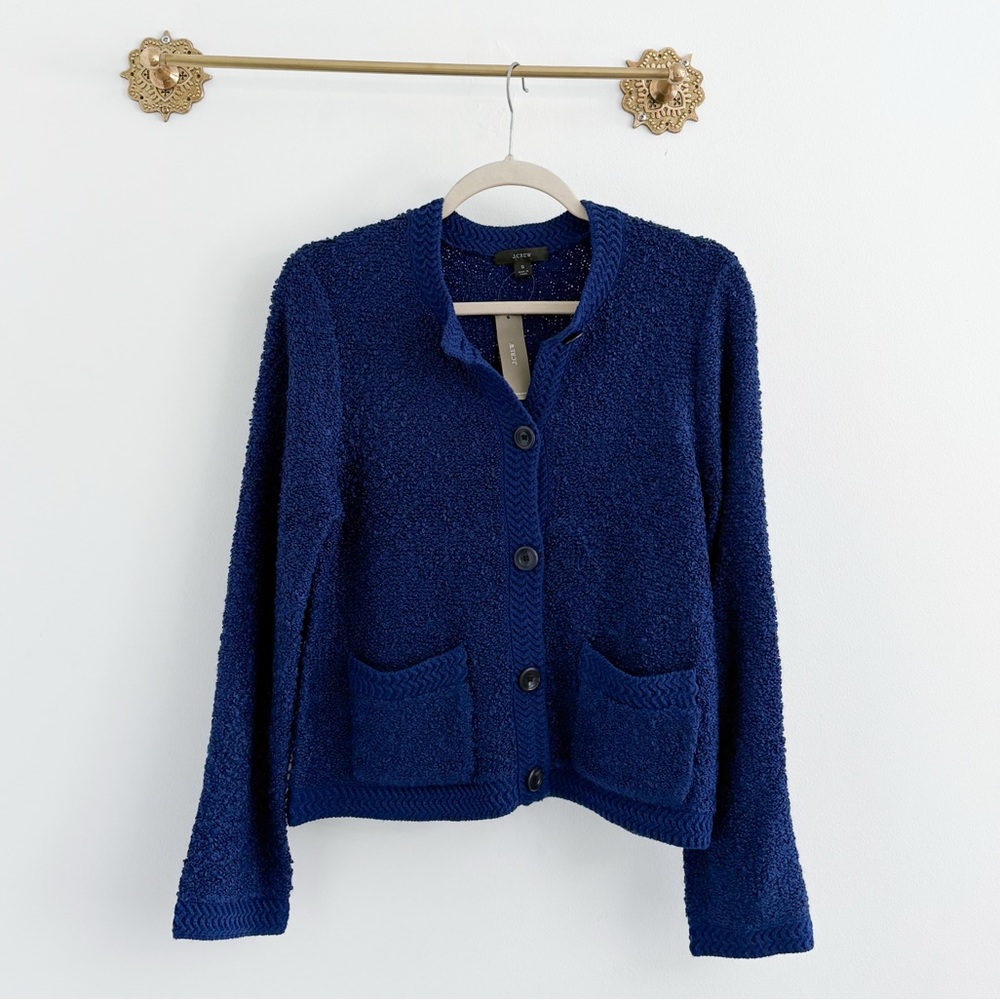 J. Crew Navy Blue Bouclé Button-Up Cardigan